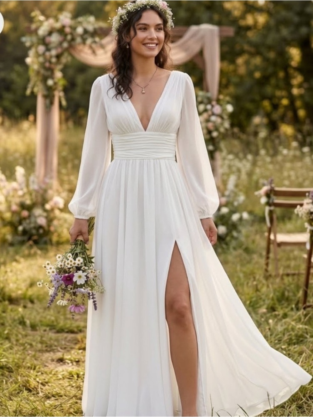 New Lulus Elegant White V-Neck Long Sleeve Maxi Dress with Thigh Slit Sz Large